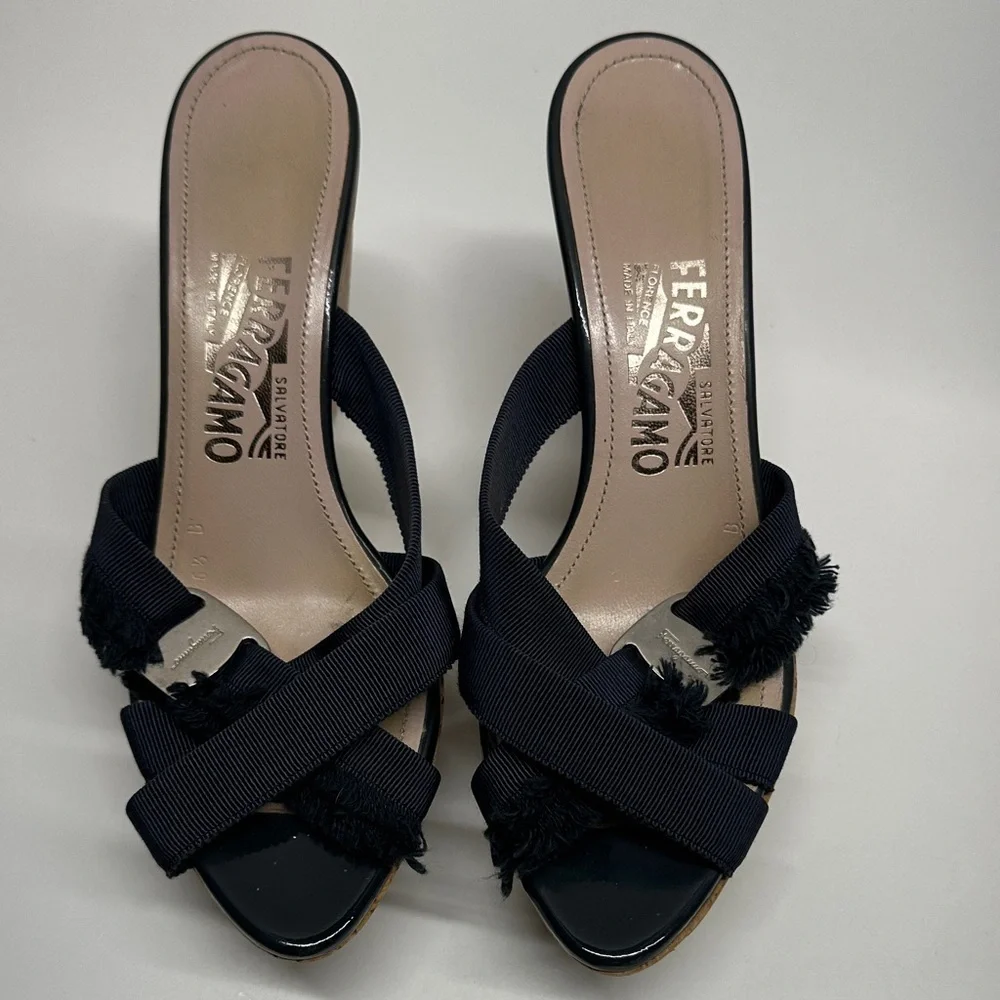 Salvatore Ferragamo Wedges High Heeled Sandals Shoes Frayed Ribbon Blue 6.5